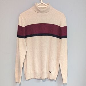 Men's Cream  Turtle Neck Sweater with Burgundy Stripe
